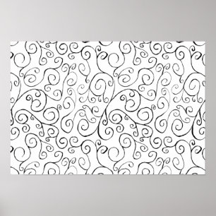 Hand-Painted Black Curvy Pattern on White Poster
