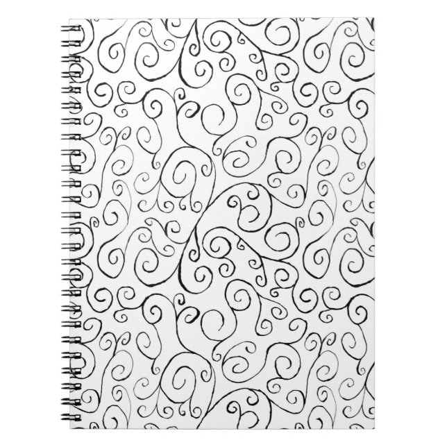 Hand-Painted Black Curvy Pattern on White Spiral Notebook (Front)