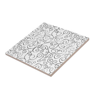 Hand-Painted Black Curvy Pattern on White Tile