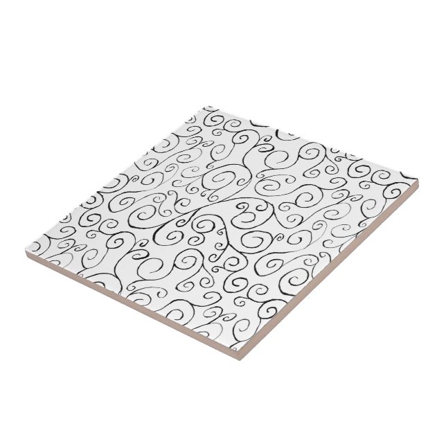Hand-Painted Black Curvy Pattern on White Tile (Side)