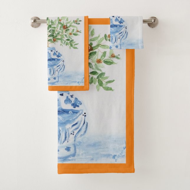 Hand Painted Blue and White Ginger Jar Bath Towel Set (Insitu)