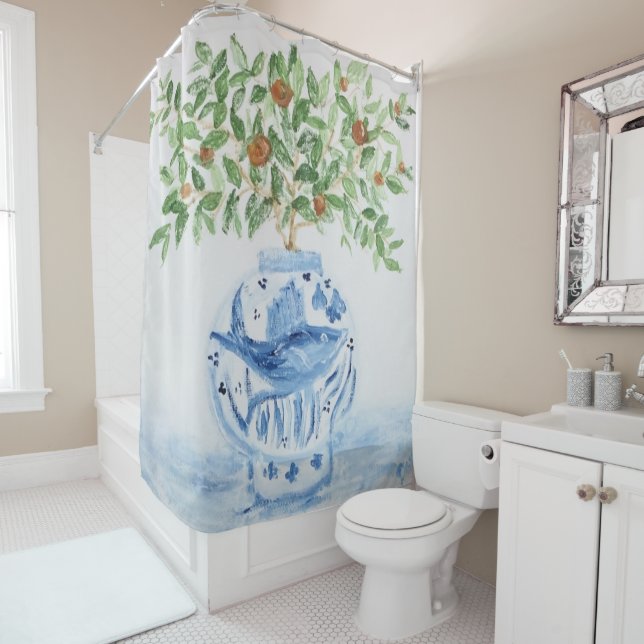 Hand Painted Blue and White Ginger Jar Shower Curtain (In Situ)