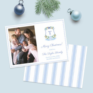 Hand Painted Blue And White Monogram Christmas Holiday Card