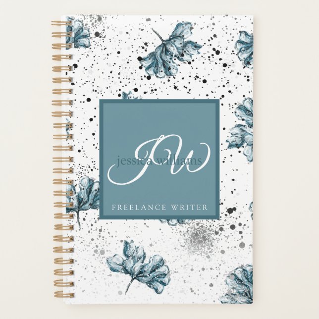 Hand painted blue Floral design Personalised Planner (Front)