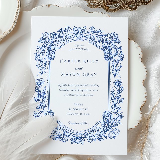 Hand-Painted Blue Floral Elegant Border Invitation (Creator Uploaded)