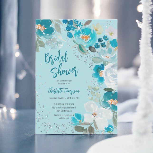 Hand Painted Blue ice Floral Winter bridal shower Invitation (Hand Painted Blue ice Floral Winter bridal shower Invitation)