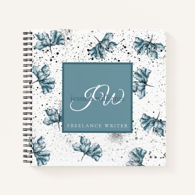 Hand painted blue personalised Floral design Notebook (Front)