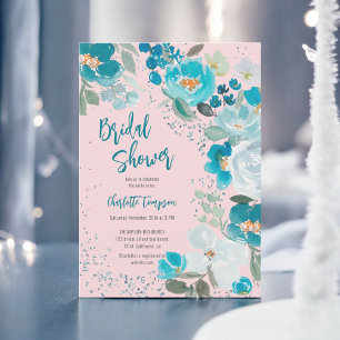 Hand Painted Blue pink Floral Winter bridal shower Invitation