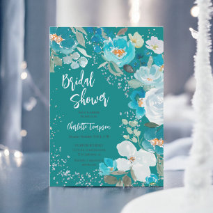 Hand Painted Blue Teal Floral Winter bridal shower Invitation