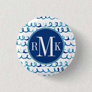Hand Painted Blue Watercolor Wavy Pattern 3 Cm Round Badge