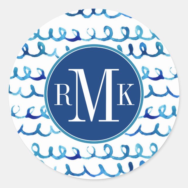 Hand Painted Blue Watercolor Wavy Pattern Classic Round Sticker (Front)