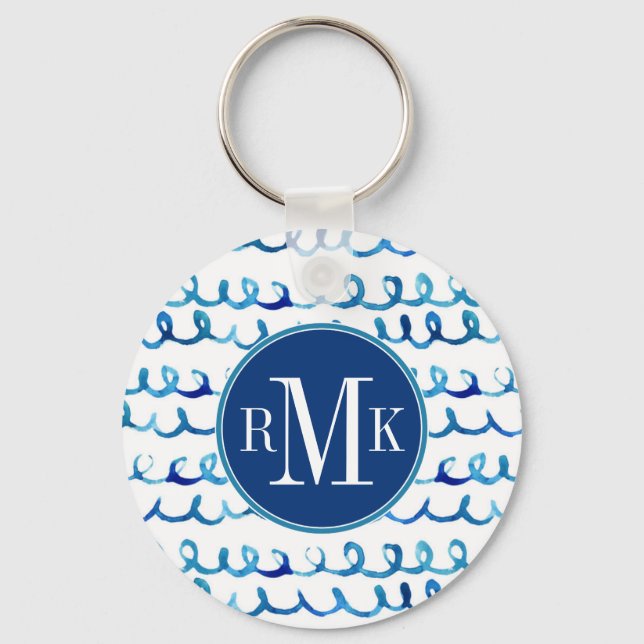 Hand Painted Blue Watercolor Wavy Pattern Key Ring (Front)