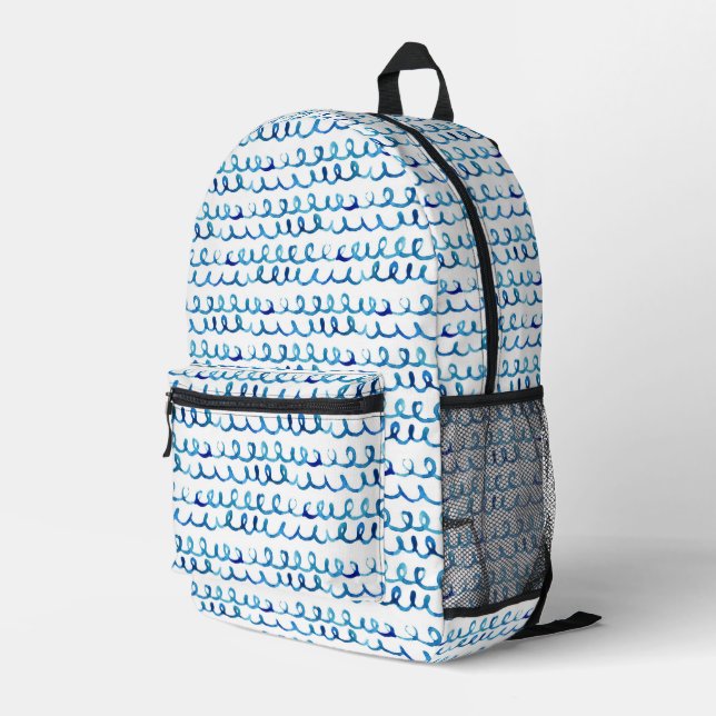 Hand Painted Blue Watercolor Wavy Pattern Printed Backpack (Back Corner Right)