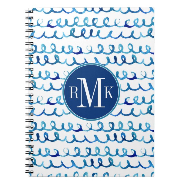 Hand Painted Blue Watercolor Wavy Pattern Spiral Notebook (Front)