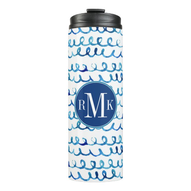 Hand Painted Blue Watercolor Wavy Pattern Thermal Tumbler (Front)