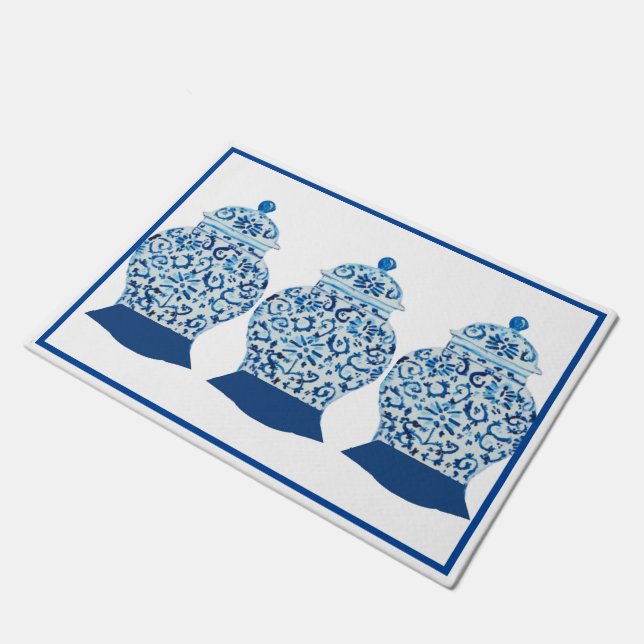 Hand Painted Blue  White Ginger Jar Rug Doormat (Angled)