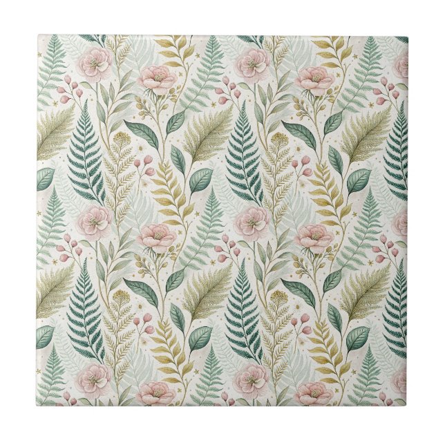 Hand-Painted Blush Floral Botanical Flower Pattern Tile (Front)