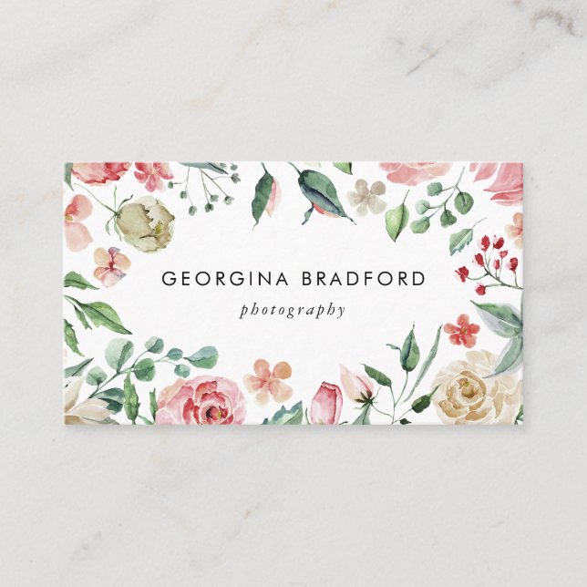 Hand Painted Botanical Roses and Foliage Business Card (Front)