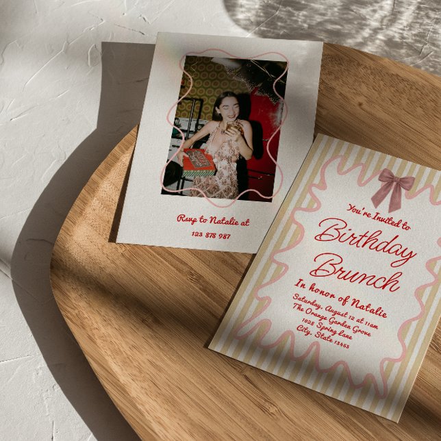 Hand Painted Bow Stripes Photo Birthday Brunch  Invitation (Creator Uploaded)