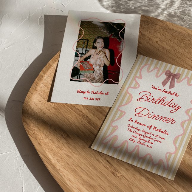 Hand Painted Bow Stripes Photo Birthday Dinner Invitation (Creator Uploaded)