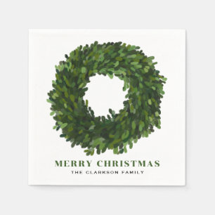 Hand Painted Boxwood Wreath Christmas Napkin
