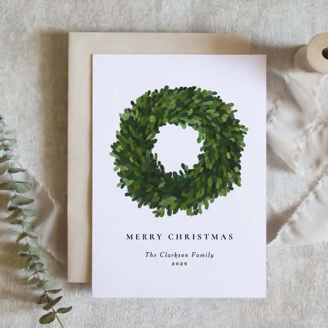Hand Painted Boxwood Wreath Merry Christmas Holiday Card (Creator Uploaded)