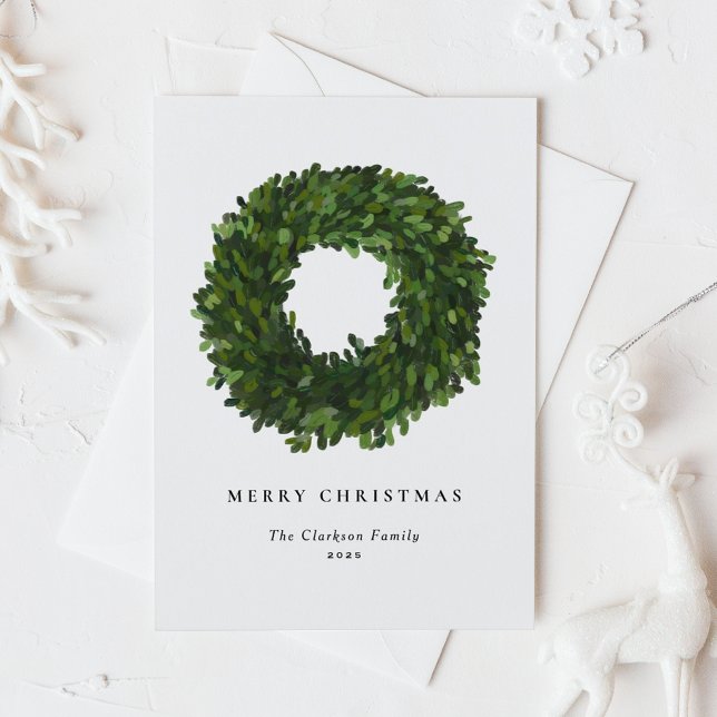 Hand Painted Boxwood Wreath Merry Christmas Holiday Card (Creator Uploaded)