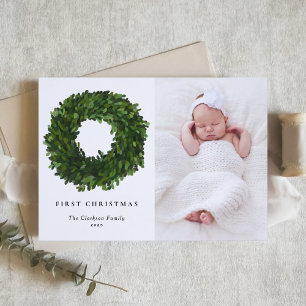 Hand Painted Boxwood Wreath Merry Christmas Photo Holiday Card