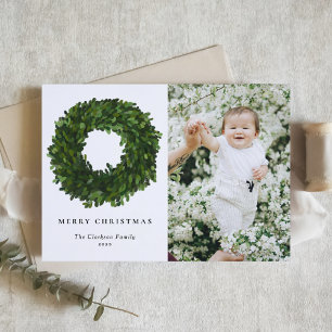 Hand Painted Boxwood Wreath Merry Christmas Photo Holiday Card