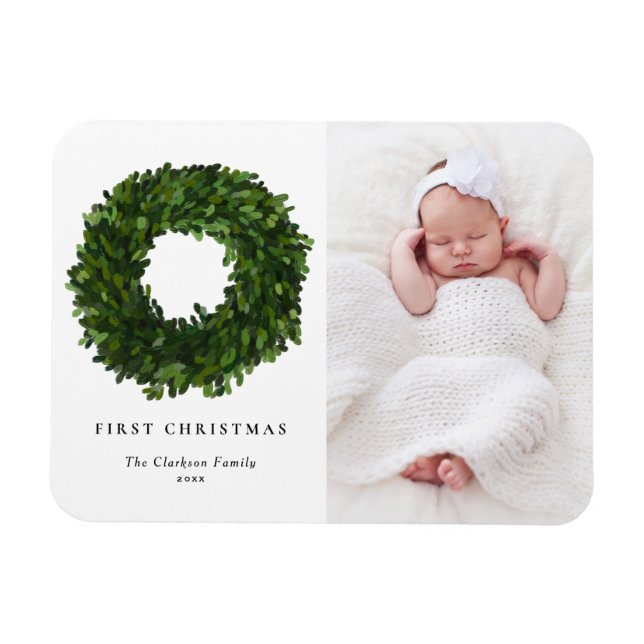 Hand Painted Boxwood Wreath Photo First Christmas Magnet (Horizontal)