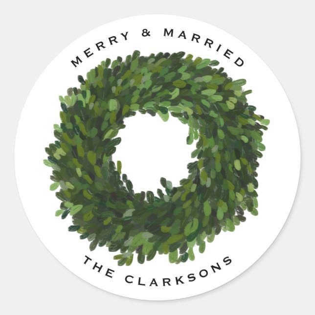 Hand Painted Boxwood Wreath Wedding Christmas Classic Round Sticker (Front)