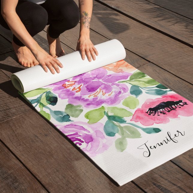 Hand Painted Bright Watercolor Floral Yoga Mat (Creator Uploaded)