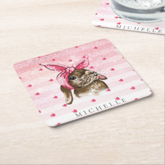 Hand painted Bunny glitter Personalised Square Paper Coaster