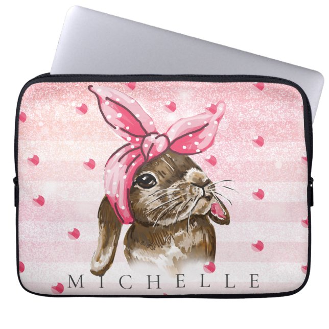 Hand painted Bunny with pink bow Personalised Laptop Sleeve (Front)
