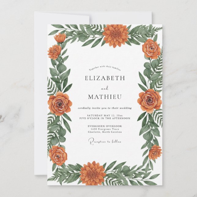 Hand Painted Burnt Orange Wildflower Wedding Invitation (Front)