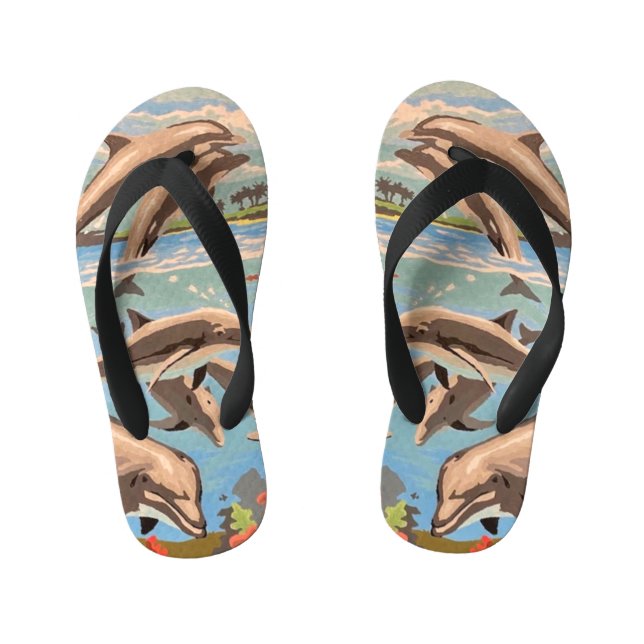 Hand Painted By Number | Playful Dolphins | Kid's Jandals (Footbed)
