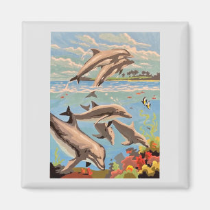 Hand Painted By Number Playful Dolphins Magnet