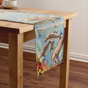 Hand Painted By Number   Playful Dolphins   Short Table Runner