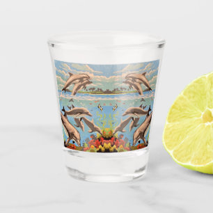 Hand Painted By Number Playful Dolphins Shot Glass