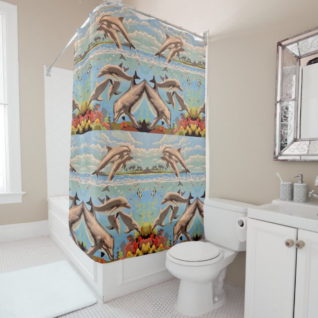 Hand Painted By Number | Playful Dolphins | Shower Shower Curtain (In Situ)