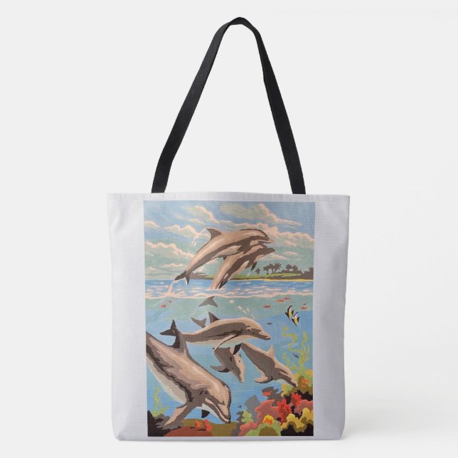Hand Painted By Number | Playful Dolphins | Tote Bag (Front)