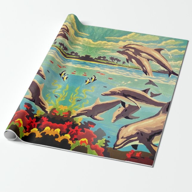 Hand Painted By Number | Playful Dolphins | Wrapping Paper (Unrolled)