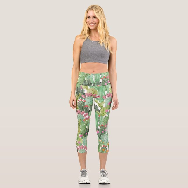 Hand Painted Cactus: Desert Green Capri Leggings (Front)