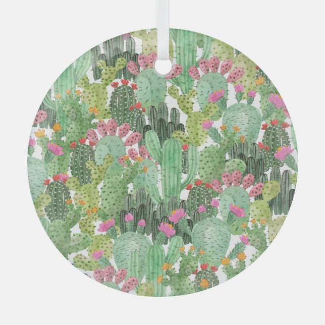 Hand Painted Cactus: Desert Green Glass Tree Decoration (Front)