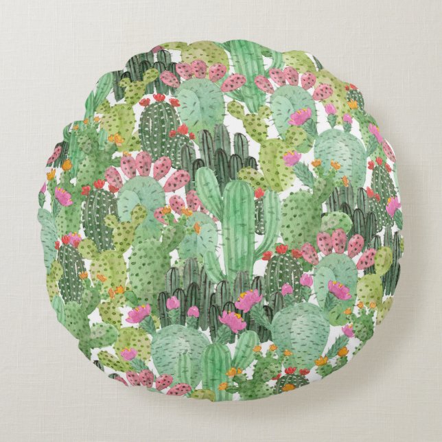 Hand Painted Cactus: Desert Green Round Cushion (Front)