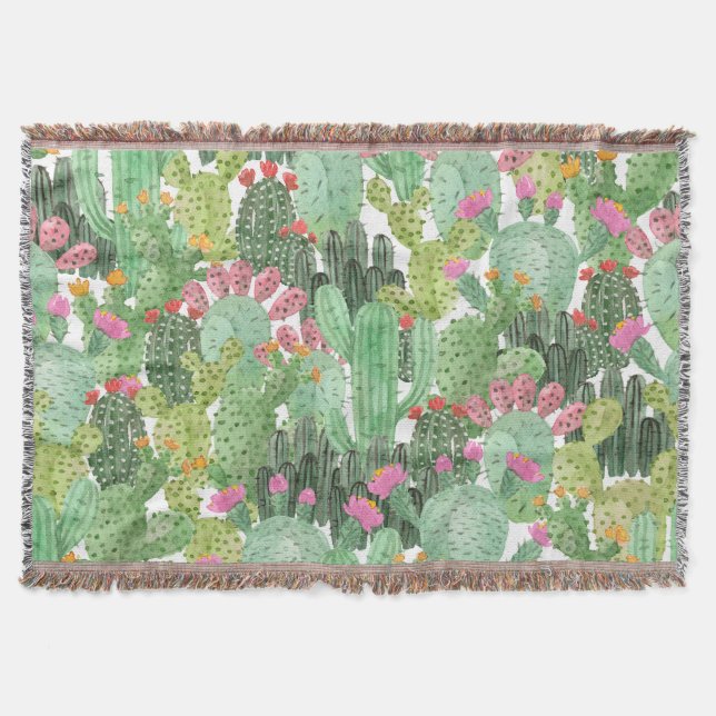 Hand Painted Cactus: Desert Green Throw Blanket (Front)