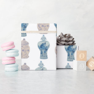 Hand Painted Chinoiserie Blue Ginger Jar Wrapping  Wrapping Paper