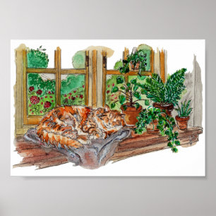 Hand Painted Cosy Window Cat Watercolor Art Poster