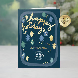 Hand Painted Cute Navy Blue Pine Trees Business Foil Holiday Card