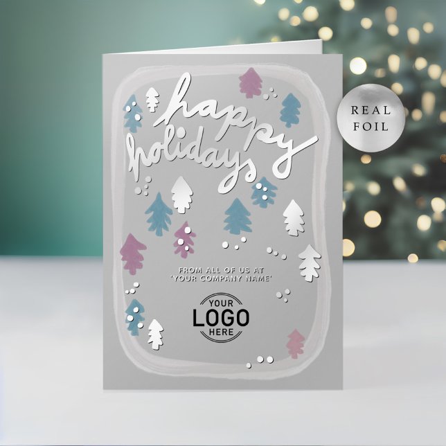 Hand Painted Cute Simple Pine Trees Business Foil Holiday Card (Creator Uploaded)